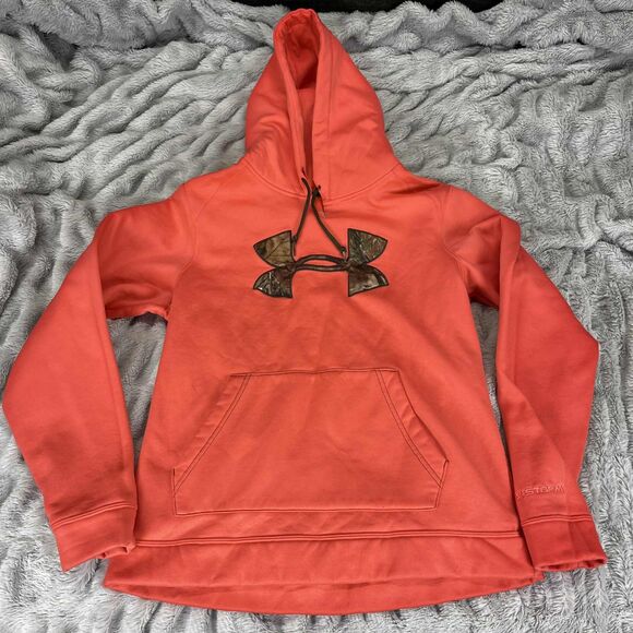 Under Armour Hoodie Womens Medium ColdGear Storm Semi Fitted Camo Logo Pink - Picture 1 of 8